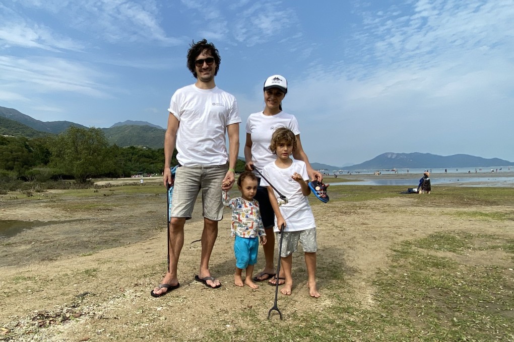 Ocean Material founder Toni Kienberger with his family on Lantau Island’s Shui Hau Wan Beach. Photo: Ocean Material