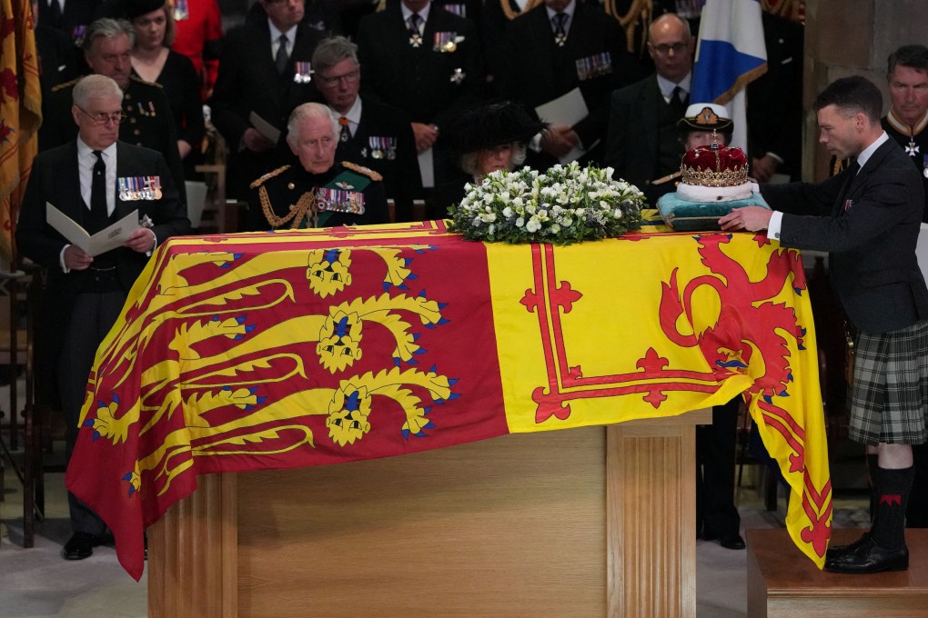 (left to right) The Duke of York, King Charles III, the Queen Consort, the Princess Royal and Vice Admiral Sir Tim Laurence, look on as the Duke of Hamilton places the Crown of Scotland on the coffin during the Service of Prayer and Reflection for the Life of Queen Elizabeth II at St Giles’ Cathedral, Edinburgh on Monday Photo: Pool via Reuters