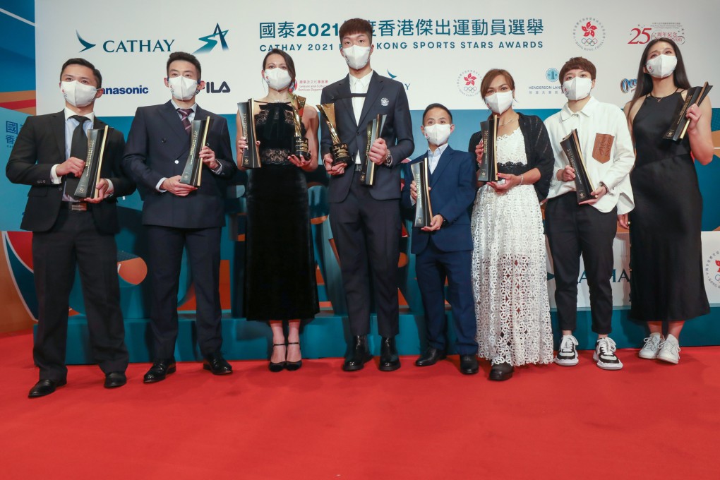 Sports Stars Awards winners (from left) Lau Chi-ming (karate), Wong Chun-ting (table tennis), Siobhan Haughey (swimming), Cheung Ka-long (fencing), Chu Man-kai (para-badminton), Sarah Lee Wai-sze (cycling), Doo Hoi-kem (table tennis) and Vivian Kong Man-wai (fencing). Photo: Xiaomei Chen