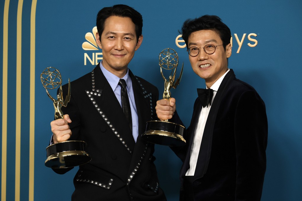 Lee Jung-jae, (above left), winner of the best drama acting Emmy for Squid Game, and Hwang Dong-hyuk, winner of the best drama directing Emmy for the Korean Netflix series, backstage at the awards show in Los Angeles on Monday. Photo: Frazer Harrison/Getty Images/TNS