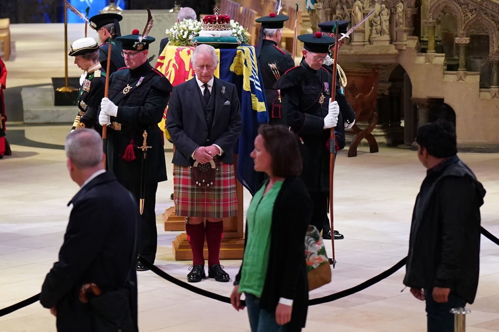 King Charles, centre, and other members of the royal family hold a vigil at the coffin of Queen Elizabeth at St Giles’ Cathedral in Edinburgh, Scotland on Monday. Photo: Pool/AP