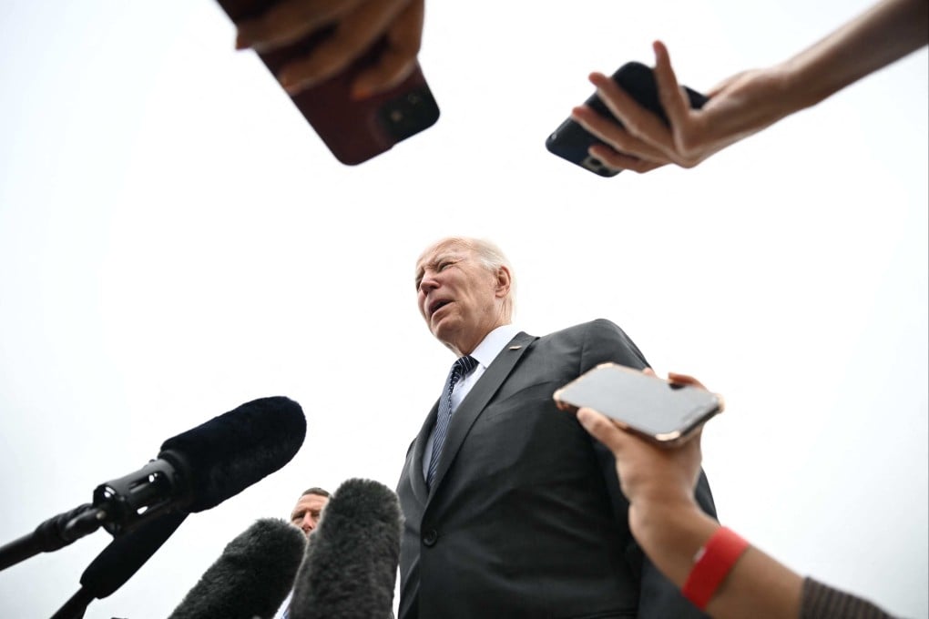 US President Joe Biden speaks with reporters before boarding Air Force One from Andrews Air Force Base in Maryland on Monday. Photo: AFP