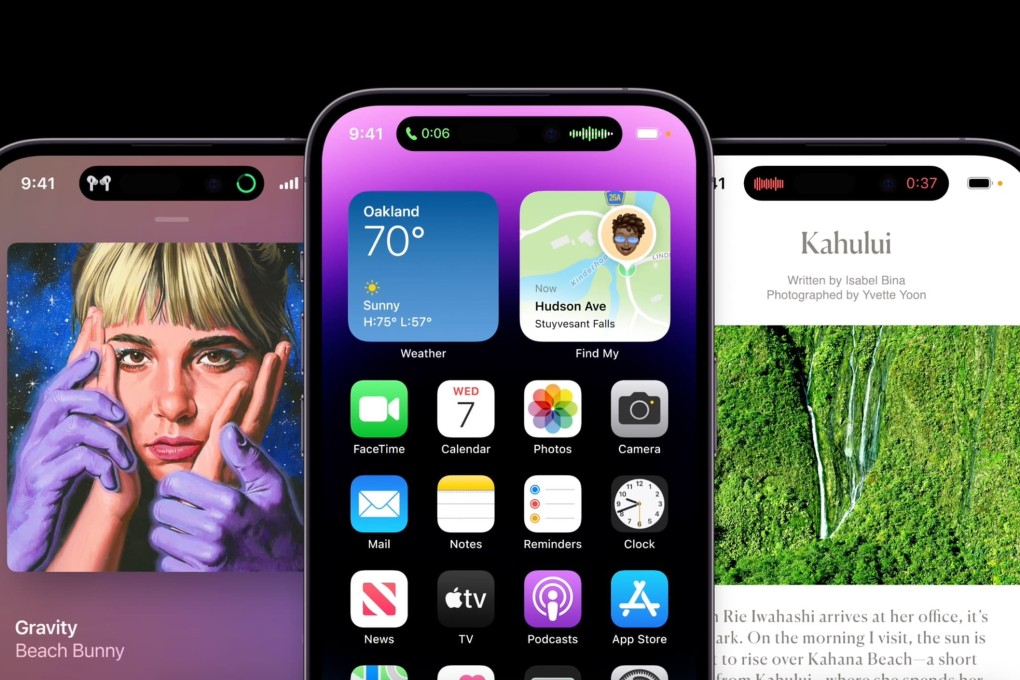 The Apple iPhone 14 series. The new ‘Dynamic Island’ in the Pro and Pro Max models replaces the infamous iPhone notch, and upgraded cameras and display are fuelled by the powerful A16 chip. Photo: Apple