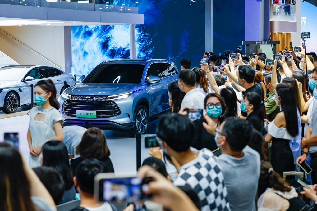 A BYD EV is displayed at the Chengdu Motor Show 2022. New energy stocks such as those of electric carmakers will probably fall further, an analyst says. Photo: Xinhua