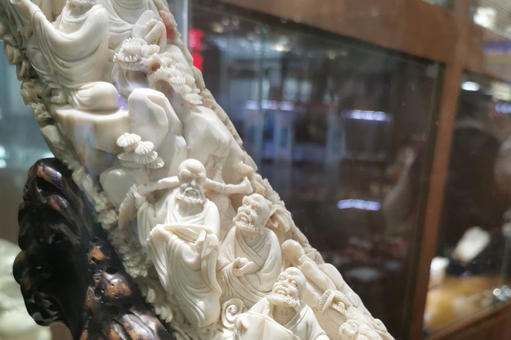 A close up of a carved mammoth tusk for sale in China. Photo: Handout