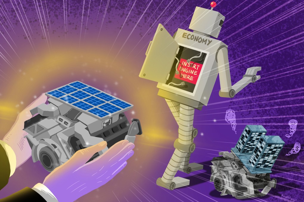 Cracks in China’s property market have investors, businesses and authorities all hoping that the new-energy sector will serve as a viable engine for economic growth. Illustration: Lau Ka-kuen