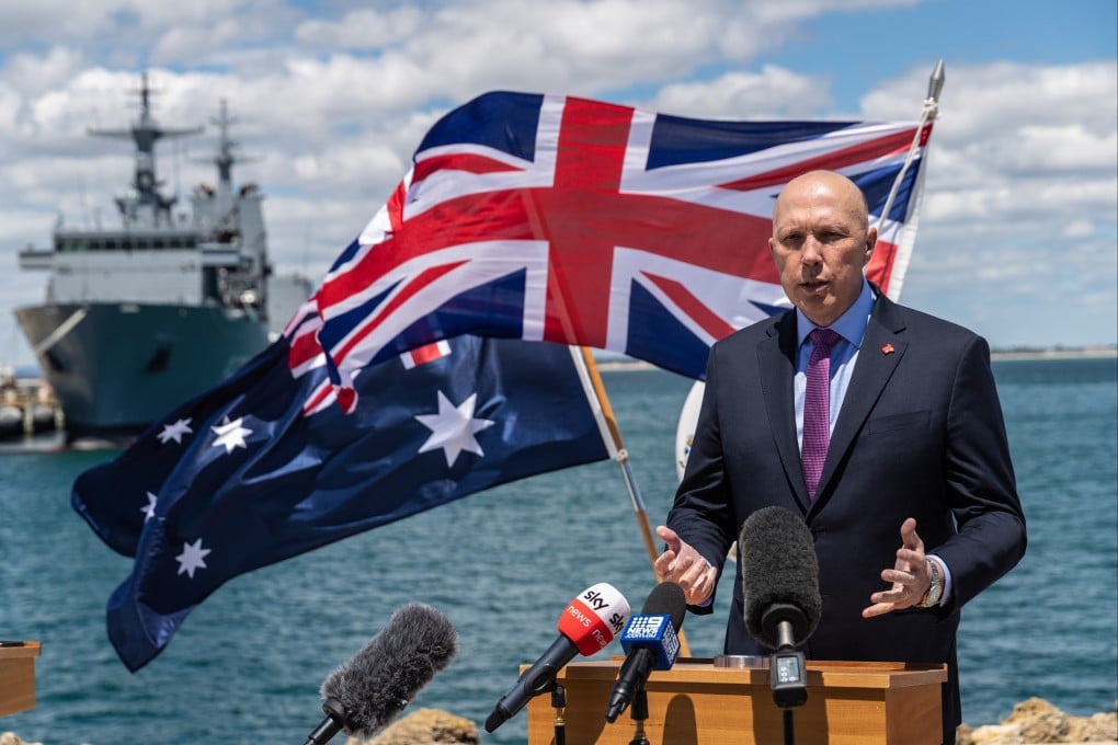 Peter Dutton, then Australian defence minister, speaks at a press conference at HMAS Stirling, a Royal Australian Navy base in Perth, on October 29, 2021. Since September 2021, Australia, the UK and the US have entered a trilateral security partnership called Aukus. Photo: EPA-EFE