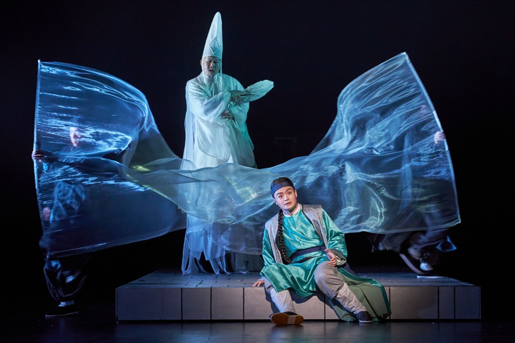 Jordan Cheng (front) as Ah Sai and Clinton Zhang (back) as a guardian of hell in “The Impossible Trial”, a musical that premiered at Hong Kong’s Xiqu Centre on September 13. Photo: Winnie Yeung@Visuals Voices