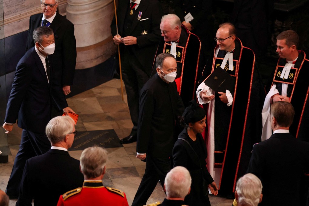 Chinese Vice-President Wang Qishan (centre) arrives ahead of Queen Elizabeth’s funeral at Westminster Abbey on Monday. Photo: AFP