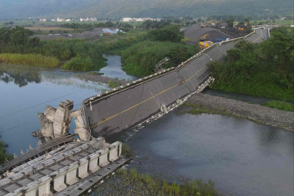 An aerial view shows the collapsed Gaoliao bridge in eastern Taiwan’s Hualien county after a 6.8-magnitude earthquake on Sunday. Photo: AFP