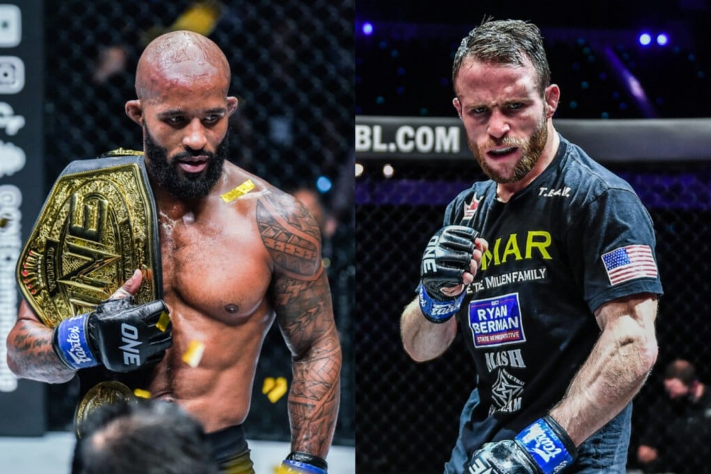 Demetrious Johnson (left) poses with ONE flyweight title, Jarred Brooks celebrates a victory over Bokang Masunyane. Photos: ONE Championship.