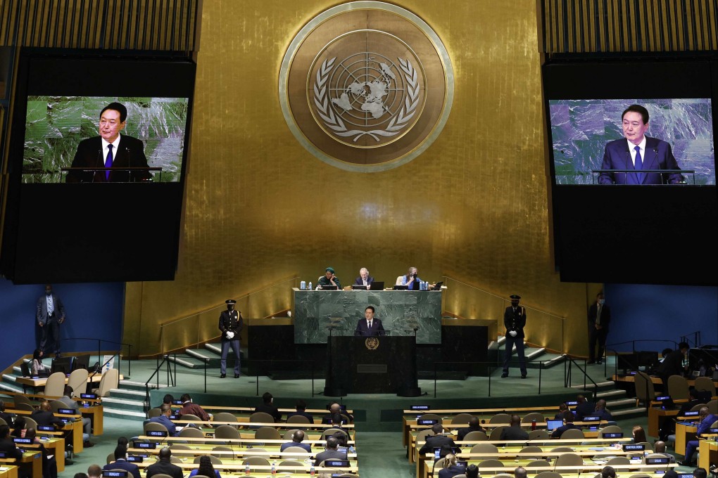 South Korean President Yoon Suk-yeol speaks at the 77th session of the United Nations General Assembly in New York on Tuesday. Photo: Getty Images via AFP