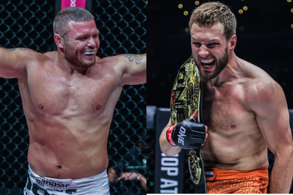 Anatoly Malykhin (left) knocks out Alexandre Machado, Reinier de Ridder celebrates a submission victory over Vitaly Bigdash. Photos: ONE Championship.