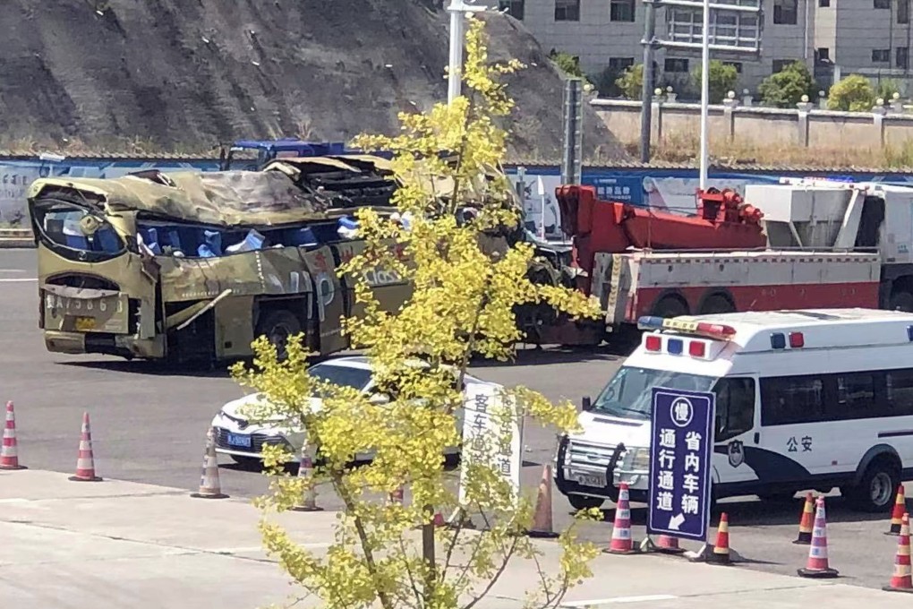 The remains of the bus which crashed on Sunday while taking residents of Guiyang, in the southern province of Guizhou, to a Covid-19 quarantine facility hundreds of kilometres away, sparking an outpouring of grief and anger on social media. Photo: Weibo