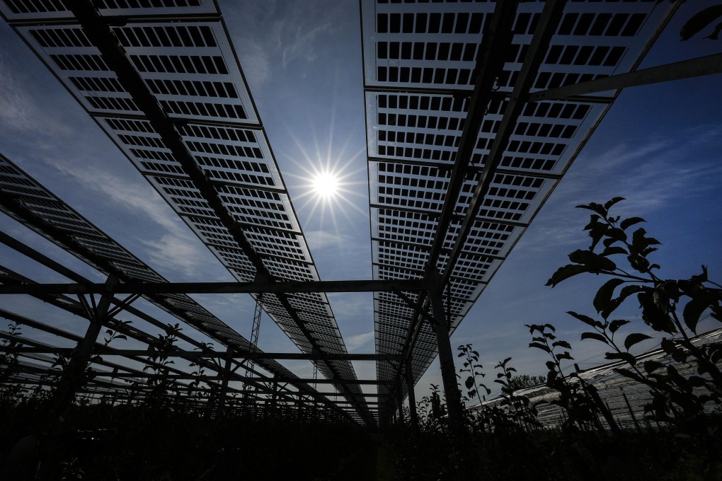 Solar panels are seen above an apple tree plantation in Gelsdorf, Germany. Long periods of sunshine took solar power generation in Europe to a record high this summer, helping reduce the need for gas imports at a time of sharply rising fossil fuel prices. Photo: AP