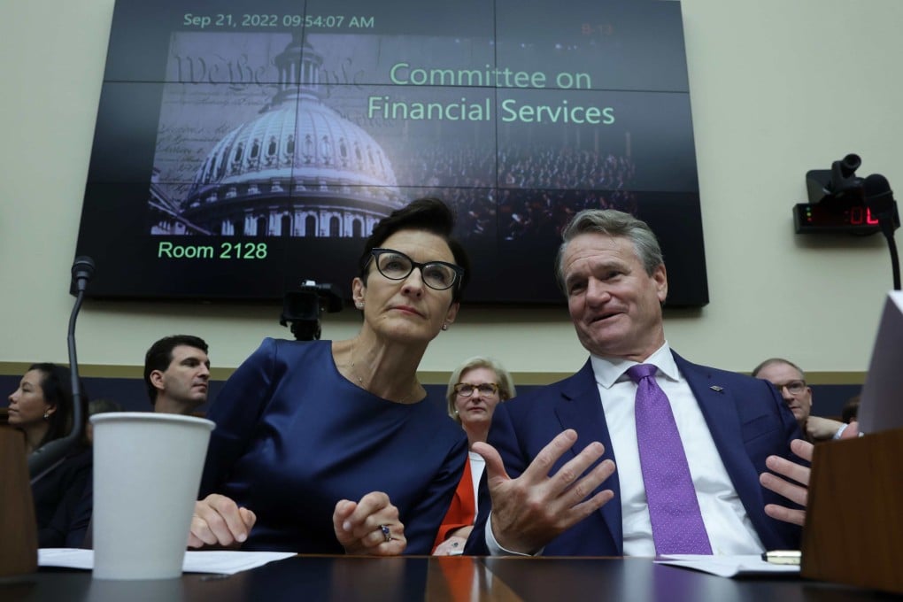 Bank of America CEO Brian Moynihan talks to Citigroup CEO Jane Fraser ahead of a hearing before the House Committee on Financial Services in Washington on Wednesday. Photo: AFP