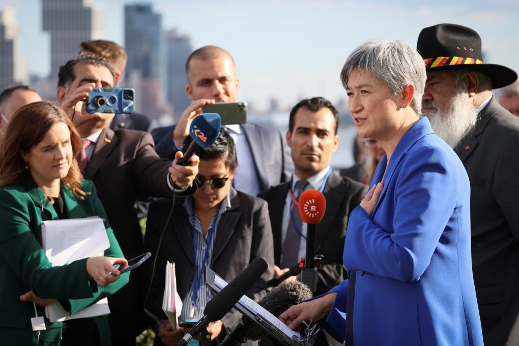 Australian Foreign Minister Penny Wong addresses the media at the UN headquarters in New York City on September 20. Photo: Reuters