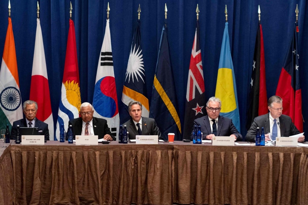 US Secretary of State Antony Blinken (centre) speaks during a meeting of the Partners in the Blue Pacific in New York on Thursday. Photo: AFP