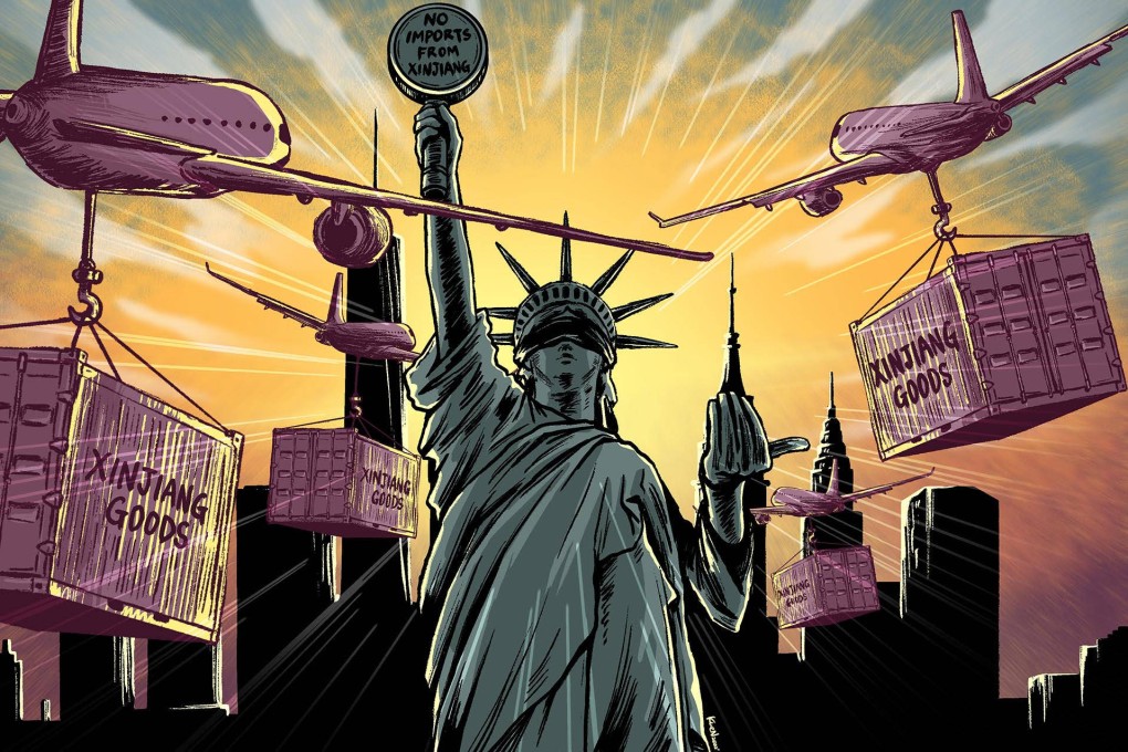 Entities from China’s Xinjiang region exported a 10-month high of US$56.8 million worth of goods to the US in August despite the Uygur Forced Labour Prevention Act having come into effect at the end of June. Illustration: Lau Ka-kuen