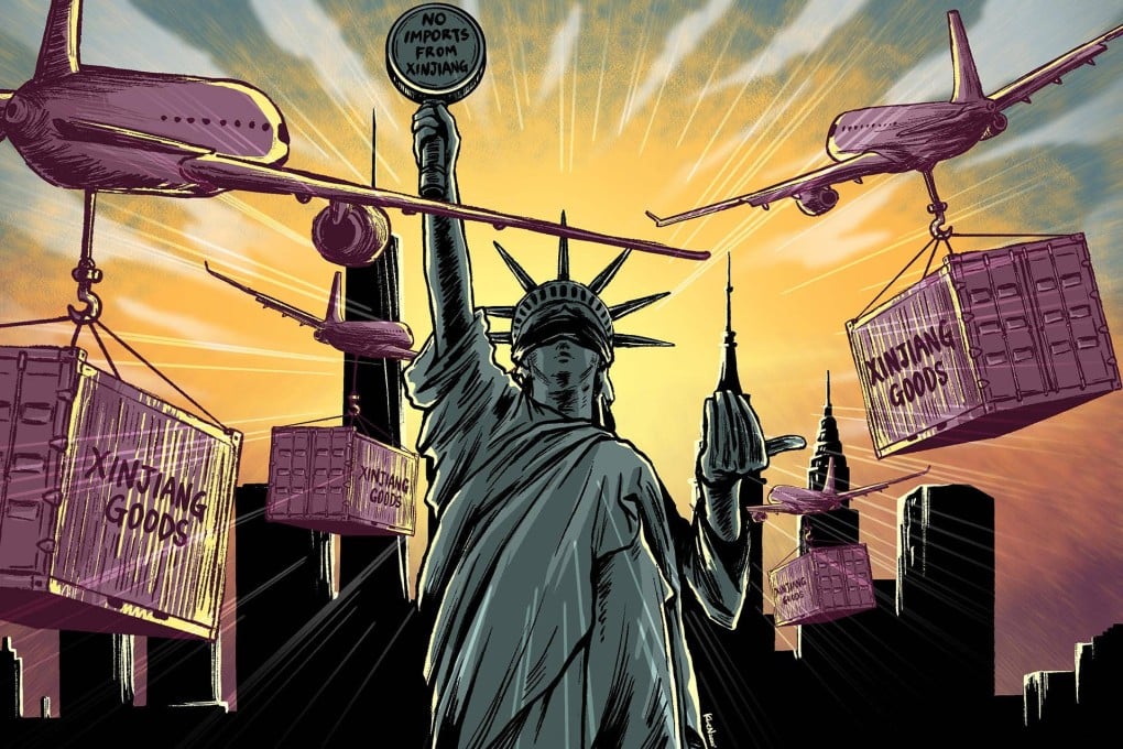 Entities from China’s Xinjiang region exported a 10-month high of US$56.8 million worth of goods to the US in August despite the Uygur Forced Labour Prevention Act having come into effect at the end of June. Illustration: Lau Ka-kuen