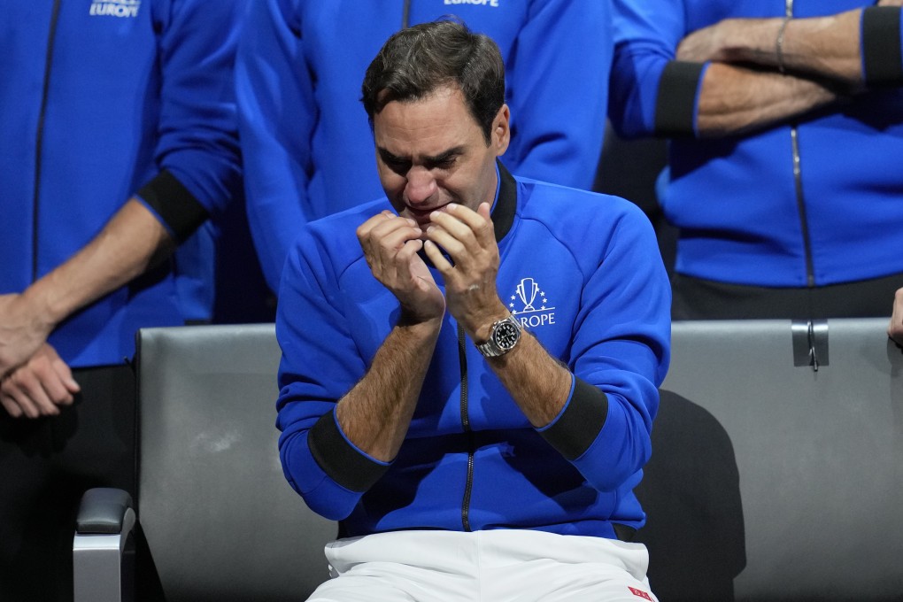 An emotional Roger Federer of Team Europe sits alongside his playing partner Rafael Nadal after their Laver Cup doubles match against Team World’s Jack Sock and Frances Tiafoe at the O2 arena in London. Photo: AP