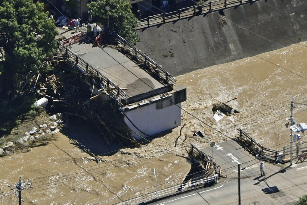 A damaged bridge by a typhoon is seen in Hamamatsu, Shizuoka Prefecture, Japan on Saturday. Photo: Kyodo via Reuters