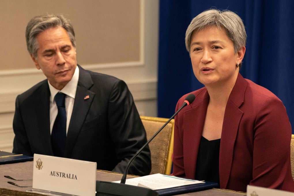 Australian Foreign Minister Penny Wong speaks next to US Secretary of State Antony Blinken as they attend a meeting of the Quadrilateral Security Dialogue in New York on Friday. Photo: AFP