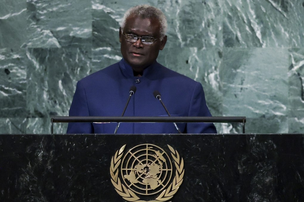 Solomon Islands Prime Minister Manasseh Sogavare addressing the United Nations General Assembly on Friday at UN headquarters in New York. Photo: AP