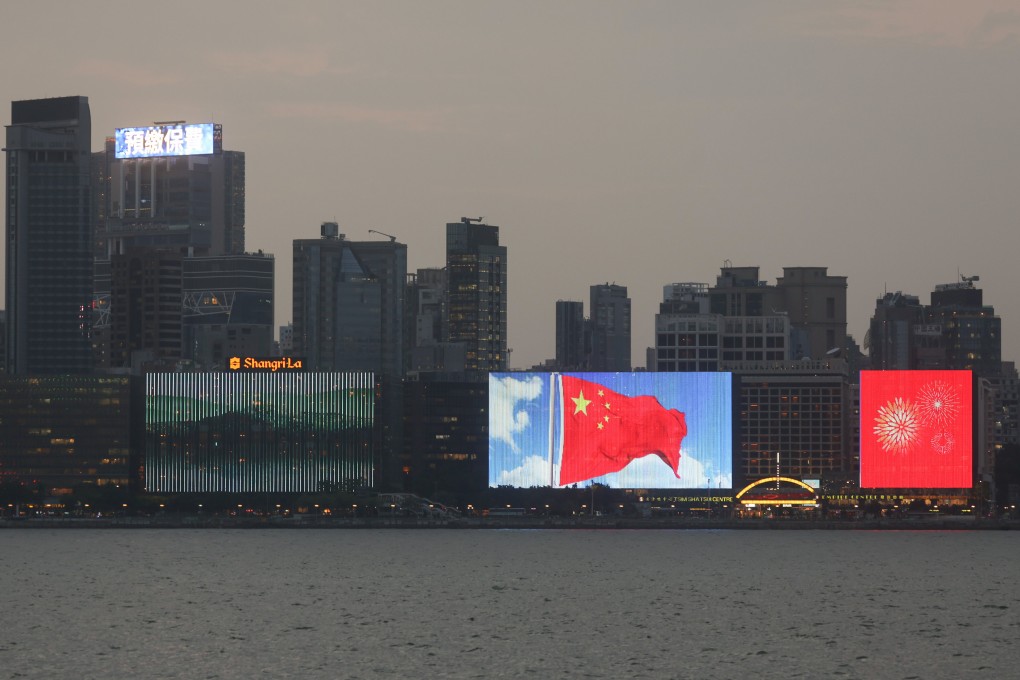 A huge China national flag is displayed on the side of a commercial building on the Kowloon Peninsula as a part of celebrations of the 73rd founding anniversary of the People’s Republic of China. Photo: Yik Yeung-man