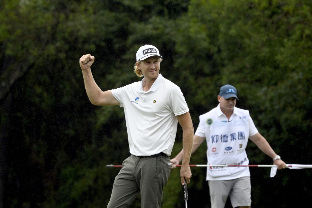 Travis Smyth celebrates on the 18th green after winning the Yeangder TPC at the Linkou International Golf and Country Club. Photo: Asian Tour.