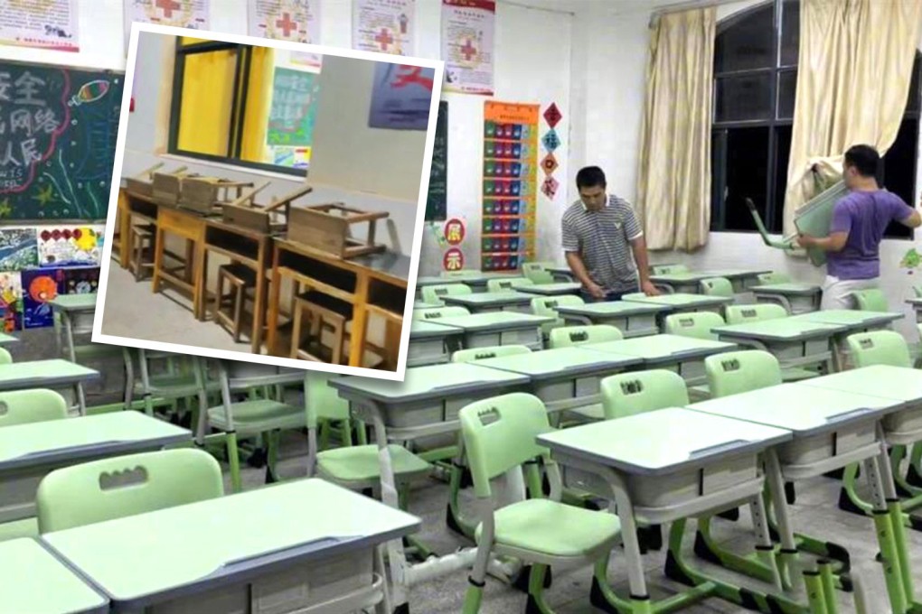 A father in China who spent US$1,400 replacing the furniture in his daughter’s class has been criticised for going too far. Photo: SCMP composite