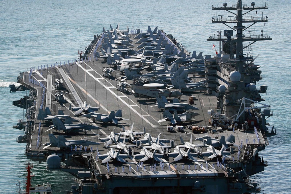 The US Navy’s nuclear-powered USS Ronald Reagan aircraft carrier arrives in Busan last week. Photo: Yonhap via AFP