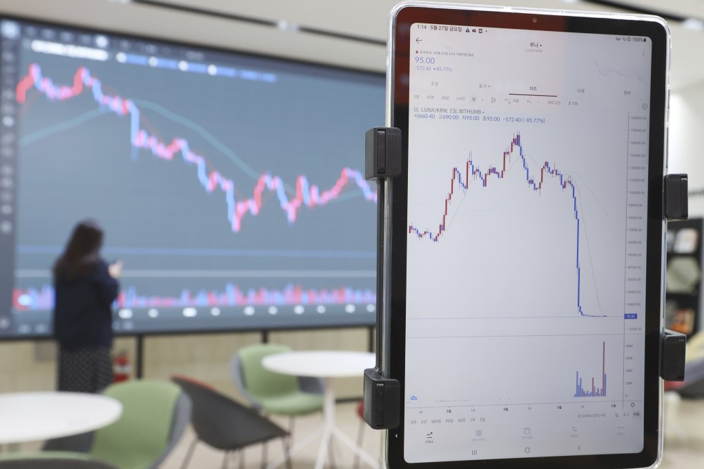 A screen (right) shows the falling values of the Luna at a cryptocurrency exchange in Seoul, South Korea on May 27, 2022. File photo: Yonhap via AP