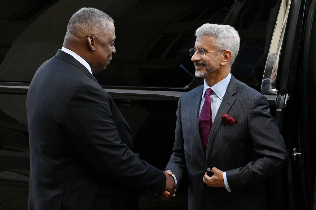 US Defence Secretary Lloyd Austin welcomes Indian Foreign Minister Subrahmanyam Jaishankar at the Pentagon in Washington on Monday. Photo: AFP