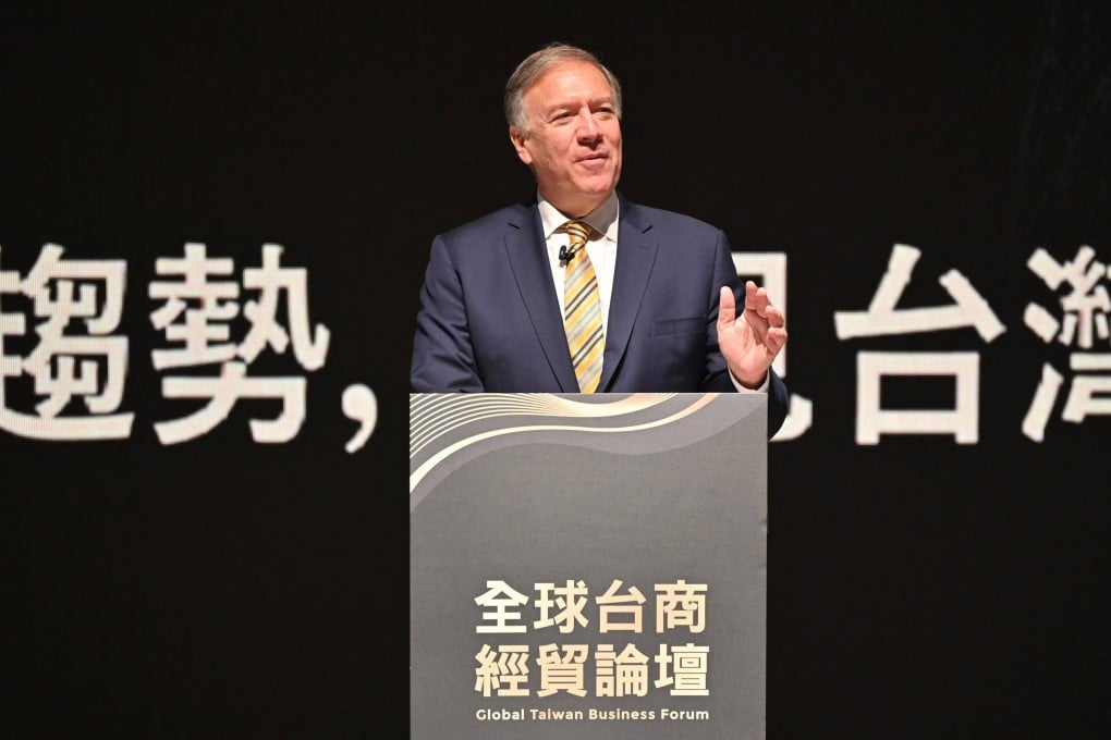 Former US secretary of state Mike Pompeo speaking at the Global Taiwan Business Forum in Kaohsiung on Tuesday. Photo: AFP
