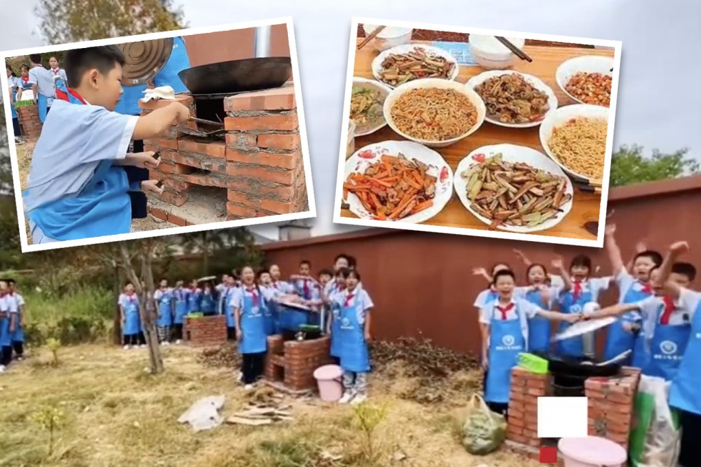 A school in China that built an outdoor kitchen to teach students cooking and life skills as part of a new national curriculum has been praised for its initiative and trended online. Photo: SCMP composite