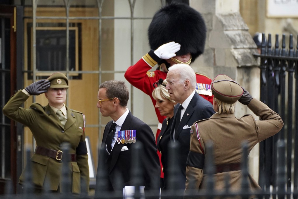US President Joe Biden arrives with First Lady Jill Biden at Westminster Abbey in London for the British state funeral of Queen Elizabeth on September 19. One remarkable aspect of the British empire was its ability to effect a peaceful global leadership transfer to the US. Photo: AP