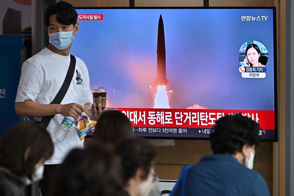 A news broadcast shows a North Korean missile test from earlier this year. Photo: AFP