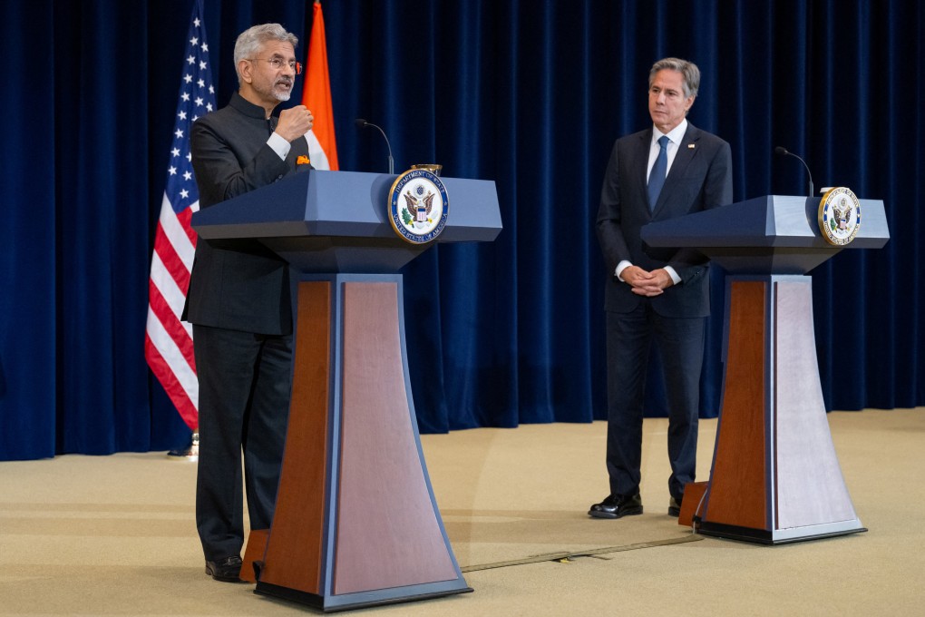US Secretary of State Antony Blinken (right) listens as Indian External Affairs Minister Subrahmanyam Jaishankar addresses a joint news conference at the State Department in Washington on Tuesday. Photo: Reuters
