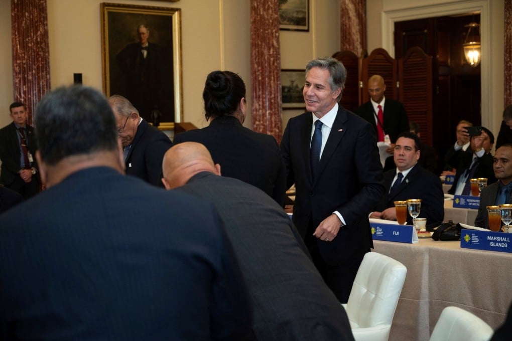 US Secretary of State Antony Blinken greets visiting dignitaries on the first day of the US-Pacific Island Nations in Washington on Wednesday. Photo: Reuters