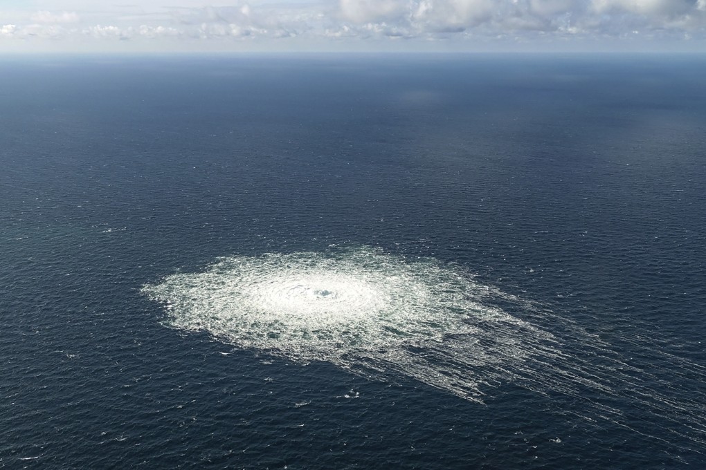 A large disturbance off the coast of the Danish island of Bornholm on Tuesday.  On Thursday a fourth leak on the Nord Stream pipelines was reported off southern Sweden. Photo: AP