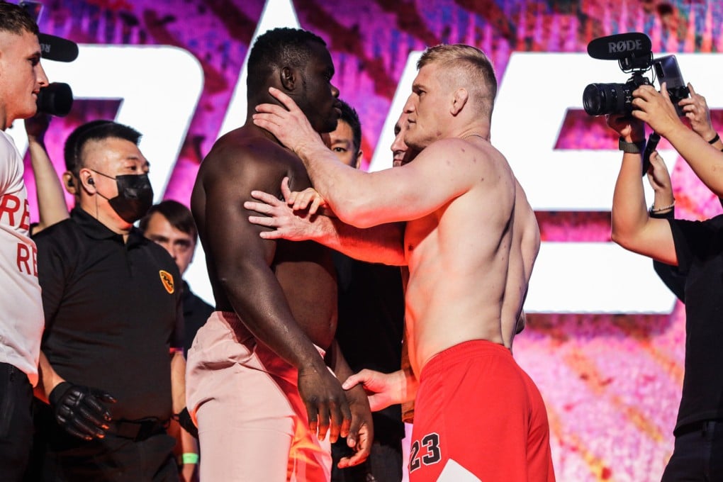 Russian heavyweight Batradz Gazzaev (right) shoves Senegal’s Oumar Kane at the ONE Championship 161 ceremonial weigh-ins. Photos: ONE Championship