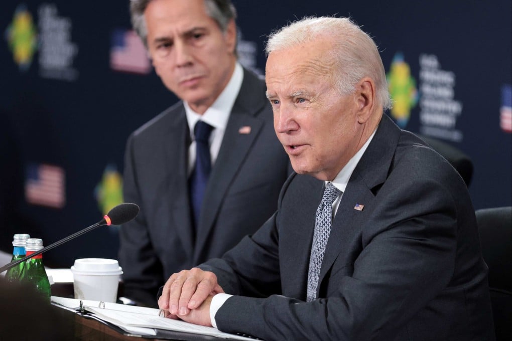 US Secretary of State Antony Blinken looks on as President Joe Biden addresses the US-Pacific Island Country Summit in Washington on Thursday. Photo: AFP