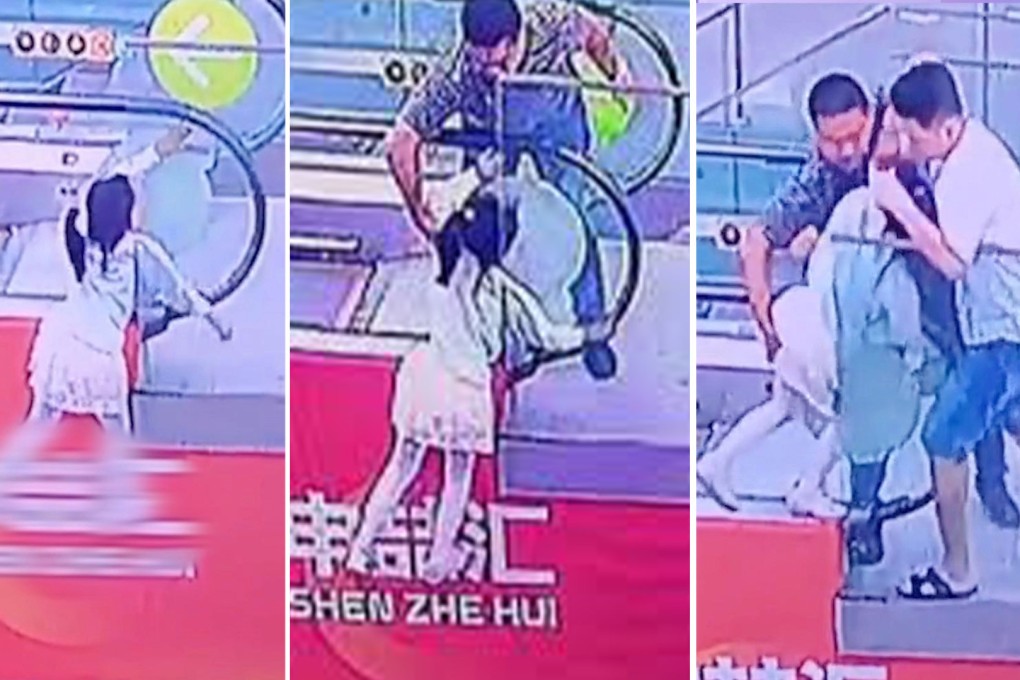 A man in China who rescued a girl about to fall off an escalator has been accused of inappropriately groping her by cyberbullies, but has been defended by members of the public. Photo: SCMP composite