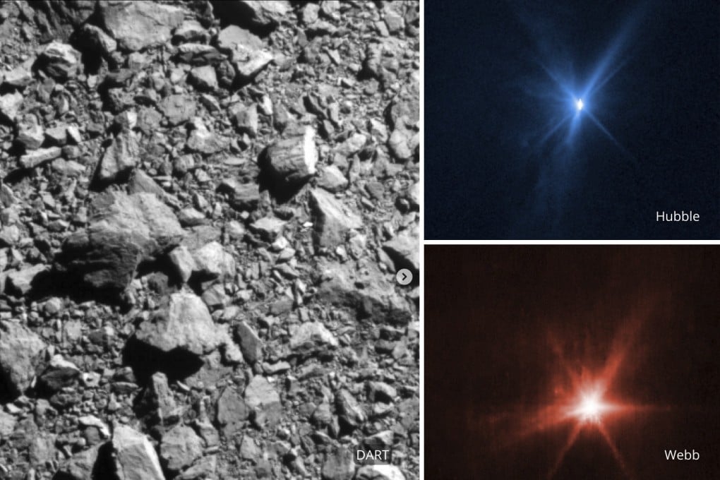 Three views of the Dart spacecraft impact on the asteroid Dimorphos as seen by (clockwise from left) a forward camera on Dart, the Hubble Space Telescope and the James Webb Space Telescope. Images: Nasa via AP