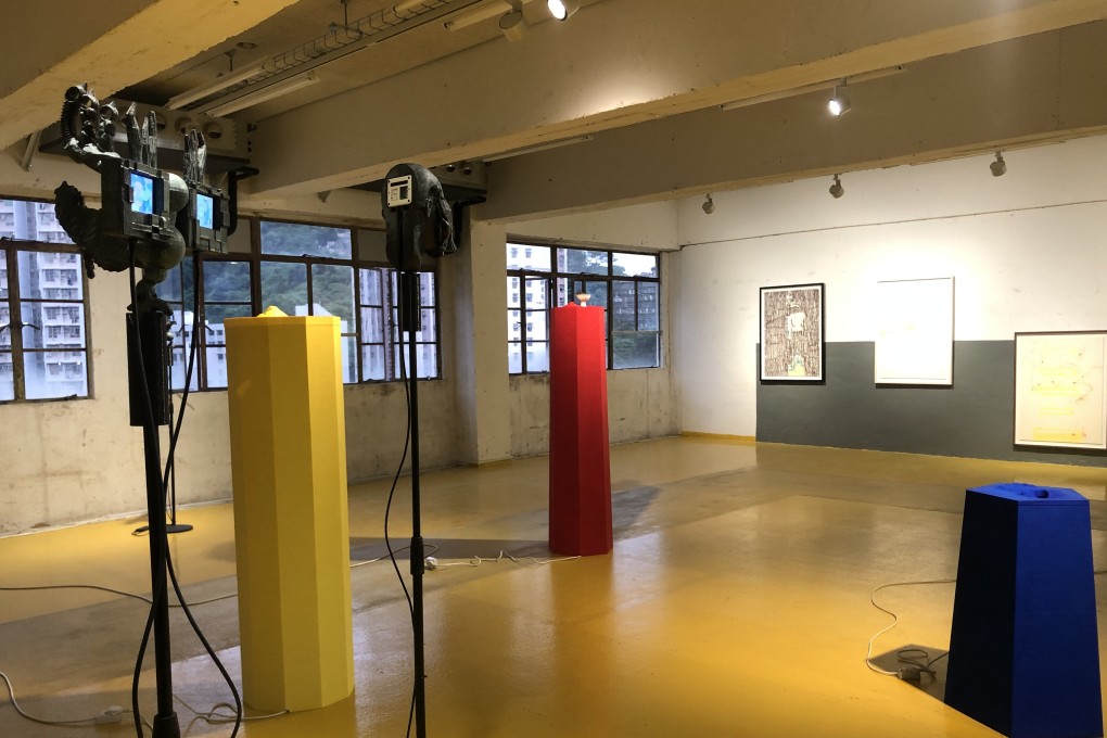 Part of artist Samson Young’s exhibition “Music For Selective Hearing, Or Assisted Living” at Kiang Malingue gallery in Hong Kong, including “Columns of Air” (2022), 3D-printed columns hand-painted with pastel and acrylic, with a fan inside generating white noise. Photo: Enid Tsui