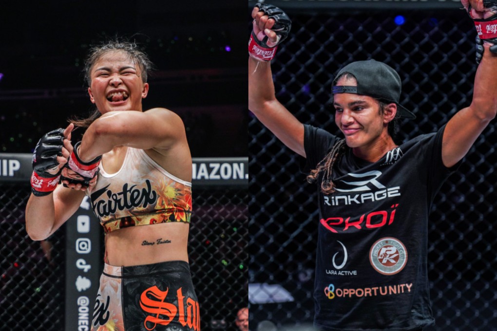 Stamp Fairtex (left) and Anissa Meksen celebrate victories at ONE on Prime Video 2.