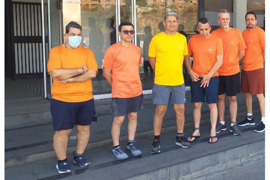 A photo posted on Twitter on June 18, 2020 by Venezuela’s Foreign Minister Jorge Arreaza, shows CITGO oil executives from left, Jose Angel Pereira, Gustavo Cardenas, Jorge Toledo, Jose Luis Zambrano, Tomeu Vadell and Alirio Jose Zambrano, outside the Bolivarian National Intelligence Service, in Caracas, Venezuela. Photo: Venezuela’s Foreign Ministry via AP