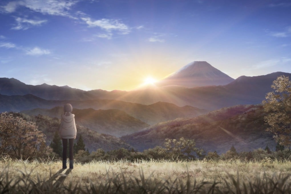 Mount Fuji in the distance in a still from Laid-Back Camp the Movie, voiced by Nao Toyama and Rie Takahashi and directed by Yoshiaki Kyogoku.