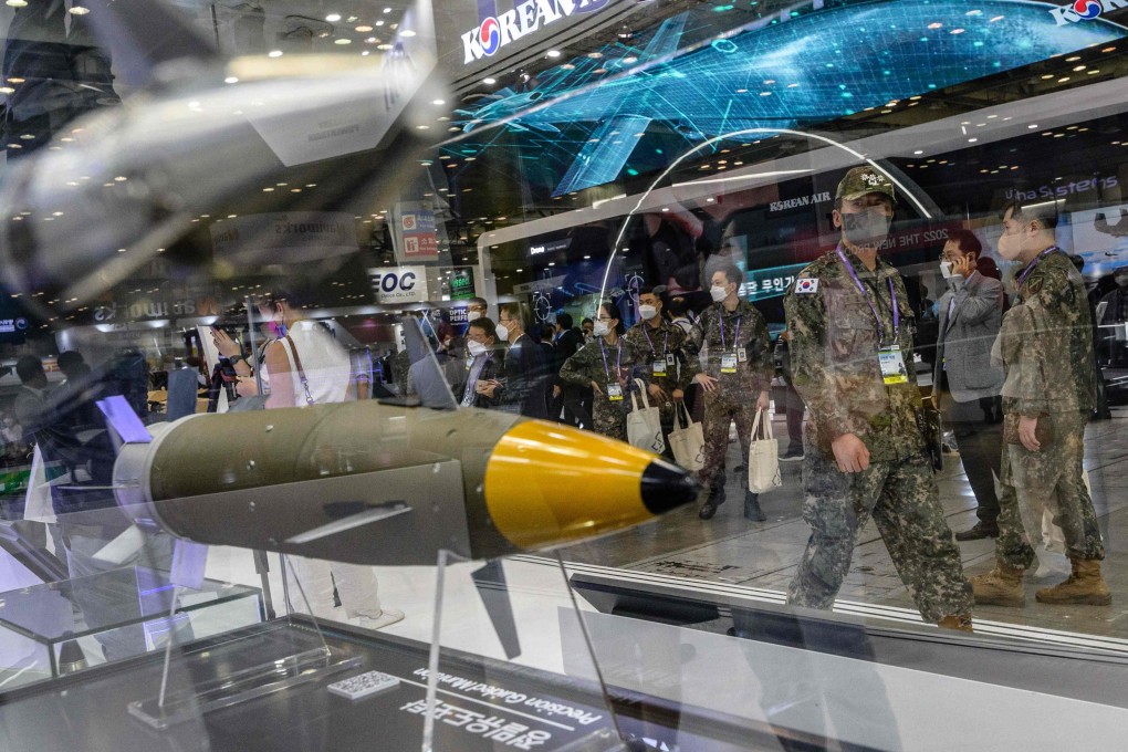 A South Korean soldier walks past a missile during a defence expo last month in Goyang, west of Seoul. Photo: AFP